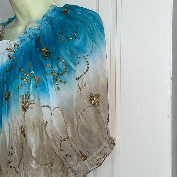 Peter Nygard turquoise & tan polyester blouse with gold spangles & embroidery - Picture 4 of 9